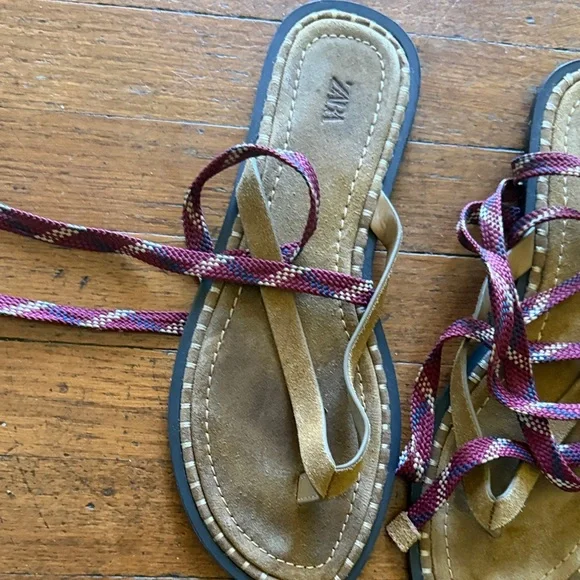 Zara Tan Suede Lace-Up Sandals with Burgundy Straps - Picture 2 of 7